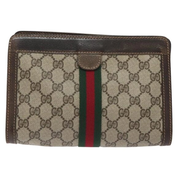 GUCCI GG Supreme Web Sherry Line Clutch Bag PVC Beige 41 014 2125 23 Auth - Picture 9 of 16